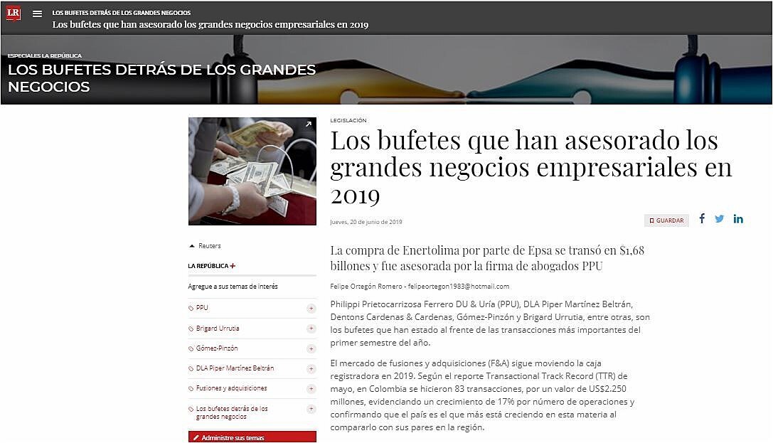 Los bufetes que han asesorado los grandes negocios empresariales en 2019